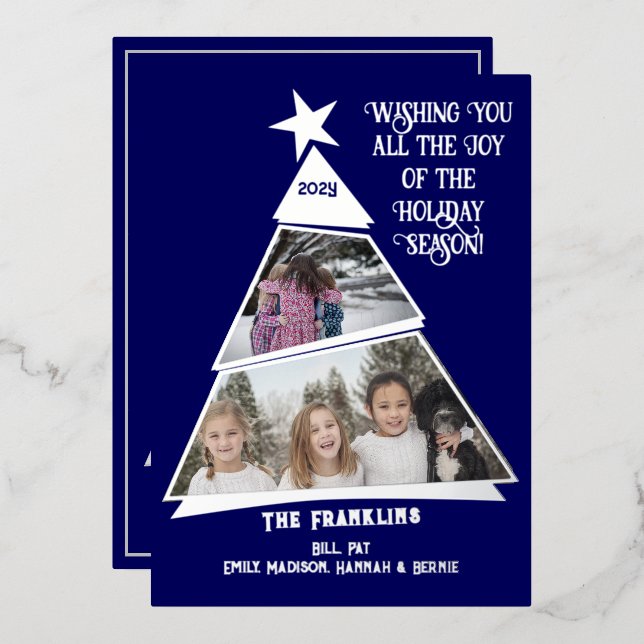 Tarjeta Festiva Con Relieve Metalizado Diversión de árbol azul inclinado y foto moderna (Anverso/Reverso)