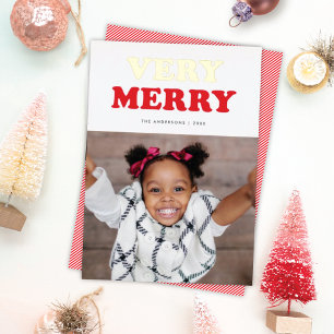 Tarjeta Festiva Con Relieve Metalizado Diversión Muy Merry Retro Mod Typografía Foto Oro 