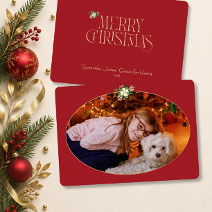 Tarjeta Festiva Con Relieve Metalizado Diviértete Foto Ovalada Roja de Navidad enmarcada