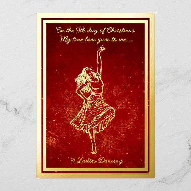 Tarjeta Festiva Con Relieve Metalizado Doce días de Navidades, Danzas de Damas (Anverso)