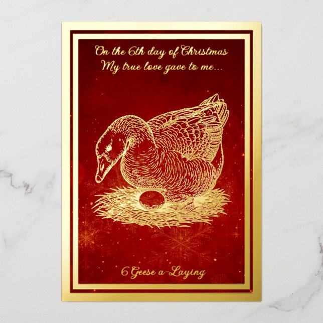 Tarjeta Festiva Con Relieve Metalizado Doce días de Navidades, Geese a-Laying (Anverso)