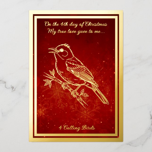 Tarjeta Festiva Con Relieve Metalizado Doce días de Navidades, llamando a las aves (Anverso)