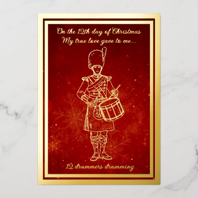 Tarjeta Festiva Con Relieve Metalizado Doce días de Navidades, tambores (Anverso)