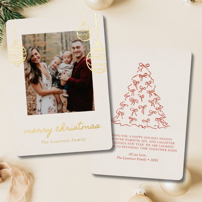 Tarjeta Festiva Con Relieve Metalizado Doodle Coquette Bow Gold (Red Christmas Tree Doodle Coquette Bow Gold Foil Holiday Card)