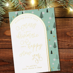Tarjeta Festiva Con Relieve Metalizado Doodle de árboles de Navidad Feliz Navidad Año Nue