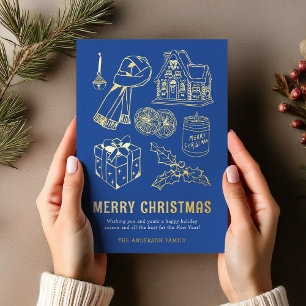 Tarjeta Festiva Con Relieve Metalizado Doodle Navidad Azul No Foto