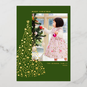 Tarjeta Festiva Con Relieve Metalizado Doodle Star Tree Green Vertical Real Relieve metal