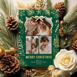 Tarjeta Festiva Con Relieve Metalizado Doodle Verde 3 Fotos Navidad Oro