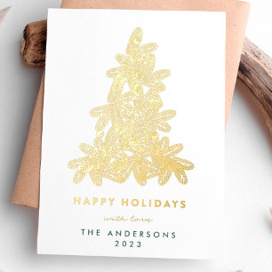 Tarjeta Festiva Con Relieve Metalizado Dorado Feliz Navidad Pino Árbol de Navidad Feliz