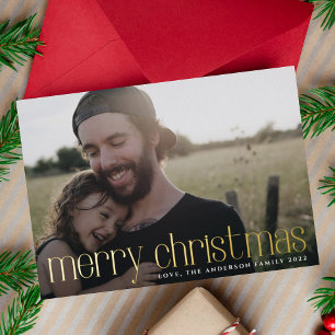 Tarjeta Festiva Con Relieve Metalizado Dorado Moderno Foto Feliz Navidad