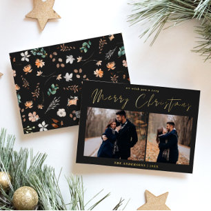Tarjeta Festiva Con Relieve Metalizado Dos Navidades fotográficos, acuarela botánica  