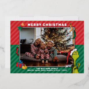 Tarjeta Festiva Con Relieve Metalizado Dr. Seuss Foto de la familia Grinch en vacacione