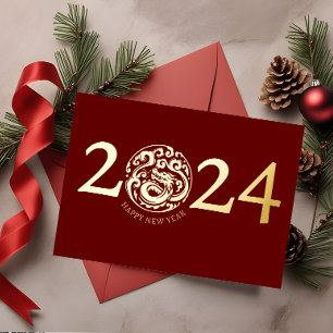 Tarjeta Festiva Con Relieve Metalizado Dragón Dorado Moderno del Año Nuevo Lunar