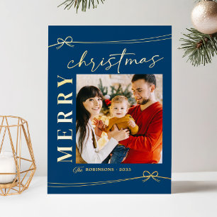 Tarjeta Festiva Con Relieve Metalizado Dreamy Blue Gold Script Merry Christmas Photo