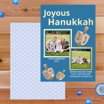 Tarjeta Festiva Con Relieve Metalizado Dreidel Rustic Oak Blue 2 Foto Joyous Hanukkah<br><div class="desc">Estas tarjetas Hanukkah personalizadas se hacen especiales con dos de tus fotos favoritas e impresión de Relieve metalizado de oro real. El sencillo fondo azul oscuro y medio marca la tónica de dos de tus fotos enmarcadas en los tableros de Relieve metalizado de oro real con tres imágenes de ensueño...</div>