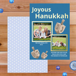 Tarjeta Festiva Con Relieve Metalizado Dreidel Rustic Oak Blue 2 Foto Joyous Hanukkah
