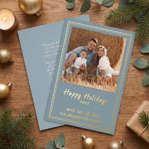 Tarjeta Festiva Con Relieve Metalizado Dusty Blue Gold Foil Felices Fiestas Foto Familiar