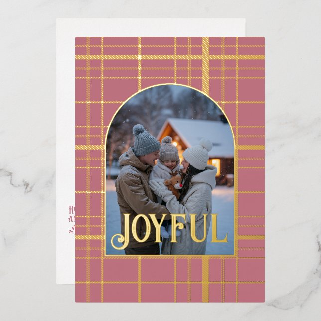 Tarjeta Festiva Con Relieve Metalizado Dusty Rosa y Gold Gingham Navidad foto de vacacion (Anverso/Reverso)