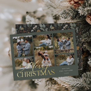 Tarjeta Festiva Con Relieve Metalizado Dusty Spruce Green Collage de fotos Gold