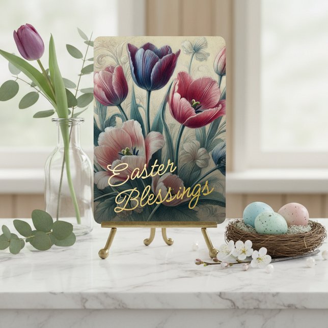 Tarjeta Festiva Con Relieve Metalizado Easter Blessings Tulips Floral Gold Foil Card (Subido por el creador)