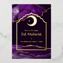 Tarjeta Festiva Con Relieve Metalizado Eid Mubarak Ágata Morada y Dorada