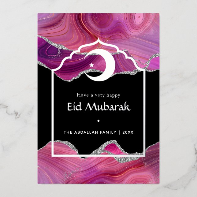 Tarjeta Festiva Con Relieve Metalizado Eid Mubarak Agata Rosa y Plateada con Holograma de (Anverso)