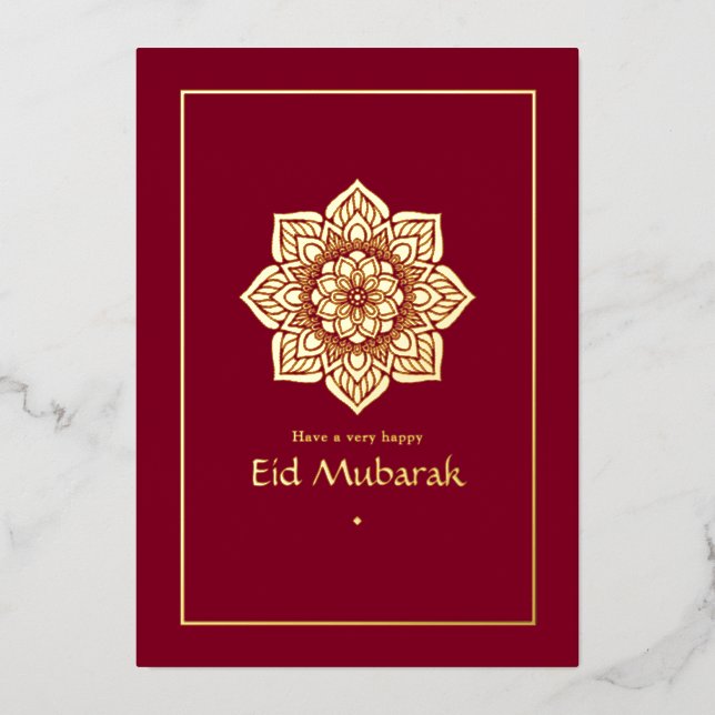 Tarjeta Festiva Con Relieve Metalizado Eid Mubarak Burdeos y Dorado (Anverso)