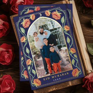 Tarjeta Festiva Con Relieve Metalizado Eid Mubarak Elegante Foto Floral Azul