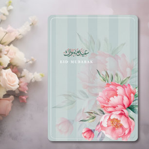 Tarjeta Festiva Con Relieve Metalizado Eid Mubarak Floral Rosa Peonía Plata
