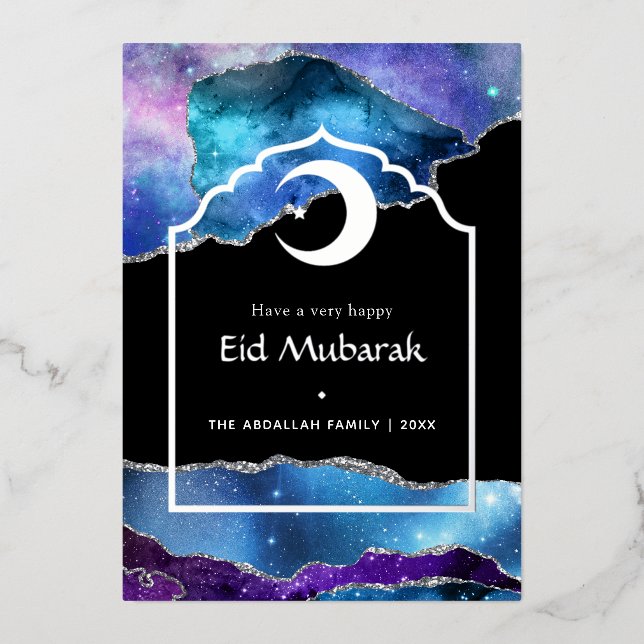 Tarjeta Festiva Con Relieve Metalizado Eid Mubarak Galaxy y Agata Plateada Foil Fiesta (Anverso)