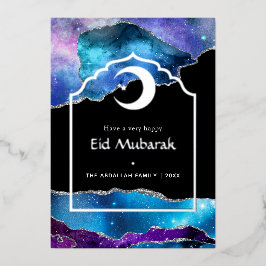 Tarjeta Festiva Con Relieve Metalizado Eid Mubarak Galaxy y Agata Plateada Foil Fiesta C