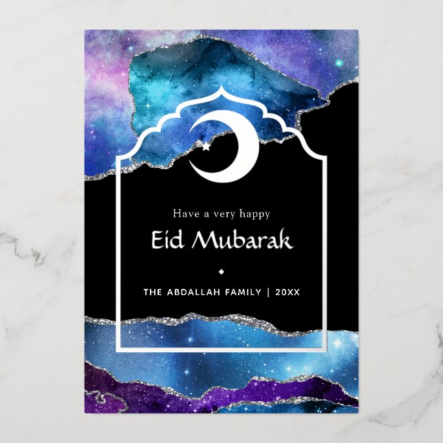 Tarjeta Festiva Con Relieve Metalizado Eid Mubarak Galaxy y Agata Plateada Foil Fiesta C (Anverso)