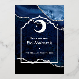 Tarjeta Festiva Con Relieve Metalizado Eid Mubarak, la armada y la plata