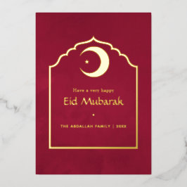 Tarjeta Festiva Con Relieve Metalizado Eid Mubarak Marsala Rojo y Dorado
