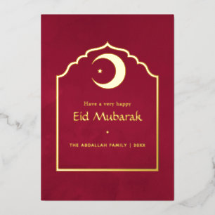 Tarjeta Festiva Con Relieve Metalizado Eid Mubarak Marsala Rojo y Dorado