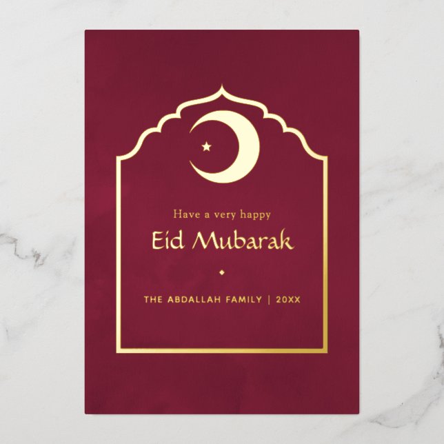 Tarjeta Festiva Con Relieve Metalizado Eid Mubarak Marsala Rojo y Dorado (Anverso)