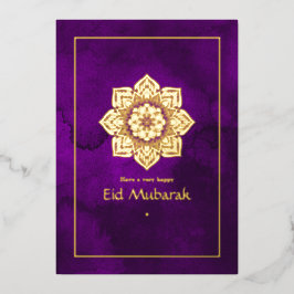 Tarjeta Festiva Con Relieve Metalizado Eid Mubarak Púrpura y Dorado