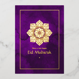 Tarjeta Festiva Con Relieve Metalizado Eid Mubarak Púrpura y Dorado