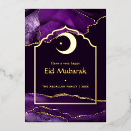 Tarjeta Festiva Con Relieve Metalizado Eid Mubarak Púrpura y Oro Ágata