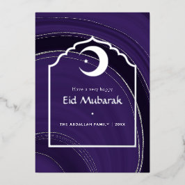 Tarjeta Festiva Con Relieve Metalizado Eid Mubarak Púrpura y Plateado Agata Foil Fiesta C