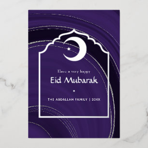Tarjeta Festiva Con Relieve Metalizado Eid Mubarak Púrpura y Plateado Agata Foil Fiesta C
