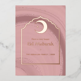 Tarjeta Festiva Con Relieve Metalizado Eid Mubarak Rosa de Oro y Agata Rosa Foil Ho