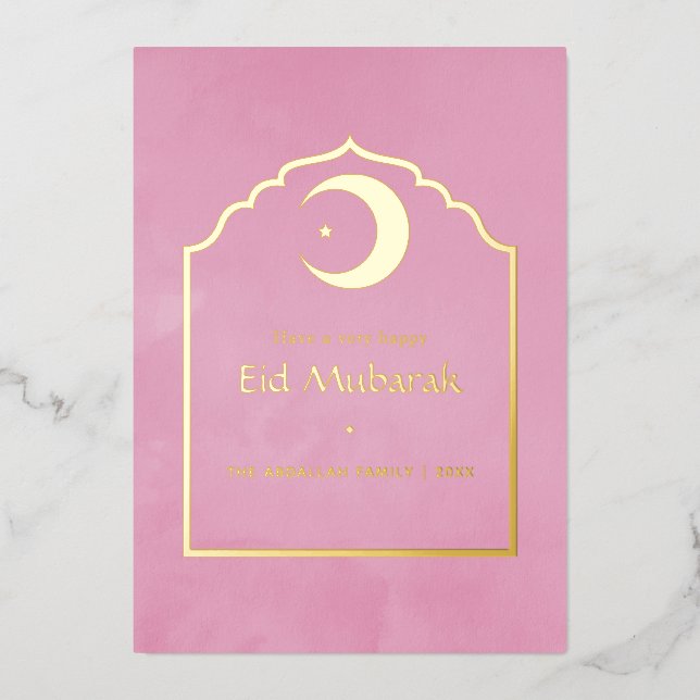 Tarjeta Festiva Con Relieve Metalizado Eid Mubarak Rosa y Dorado (Anverso)