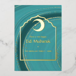 Tarjeta Festiva Con Relieve Metalizado Eid Mubarak Turquesa - Agata Teal y Dorada H