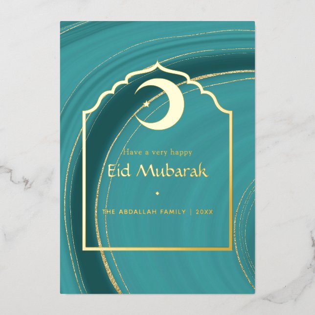 Tarjeta Festiva Con Relieve Metalizado Eid Mubarak Turquesa - Teal y Agata Hoja de Oro H (Anverso)