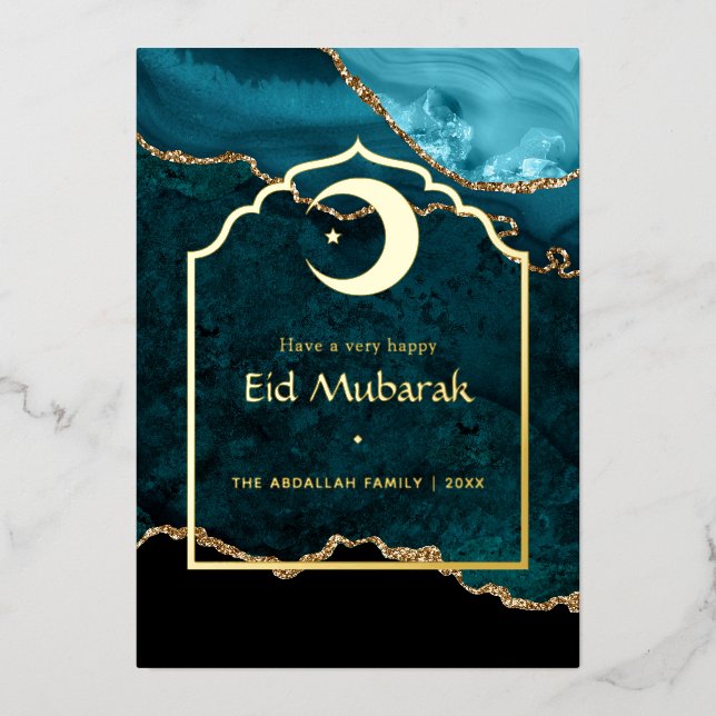 Tarjeta Festiva Con Relieve Metalizado Eid Mubarak Verde Azul - Ágata Turquesa y Dorada (Anverso)