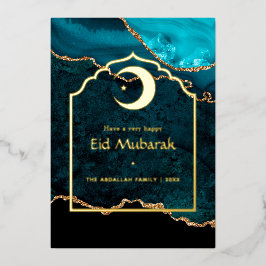 Tarjeta Festiva Con Relieve Metalizado Eid Mubarak Verde azulado - Ágata turquesa y dorad