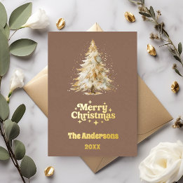 Tarjeta Festiva Con Relieve Metalizado El año de la foto de mocha en el árbol de navidad 