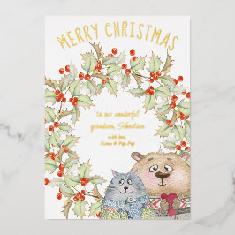 Tarjeta Festiva Con Relieve Metalizado El gato y el perro Navidades cortos Holly Wreath G
