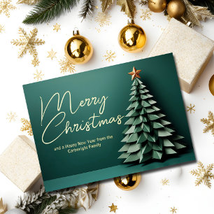 Tarjeta Festiva Con Relieve Metalizado El oro del verde de los cerezos de la Navidad